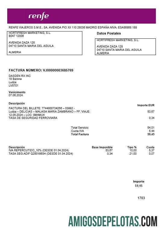 imprimível Modelo de conta de serviços públicos Renfe da Letônia em formatos Word e PDF